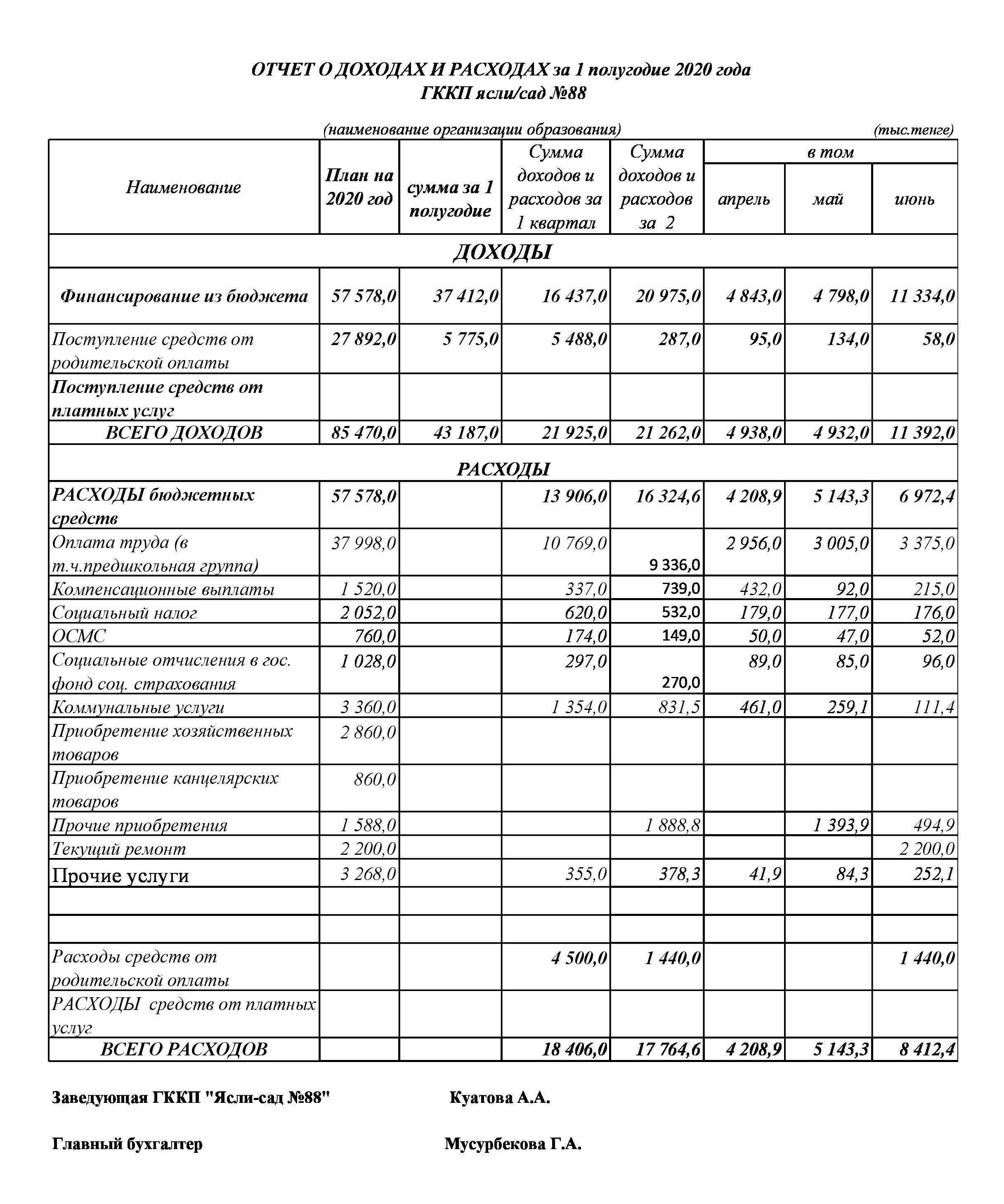 Отчет о доходах и расходах за 1-е полугодие 2020 г.