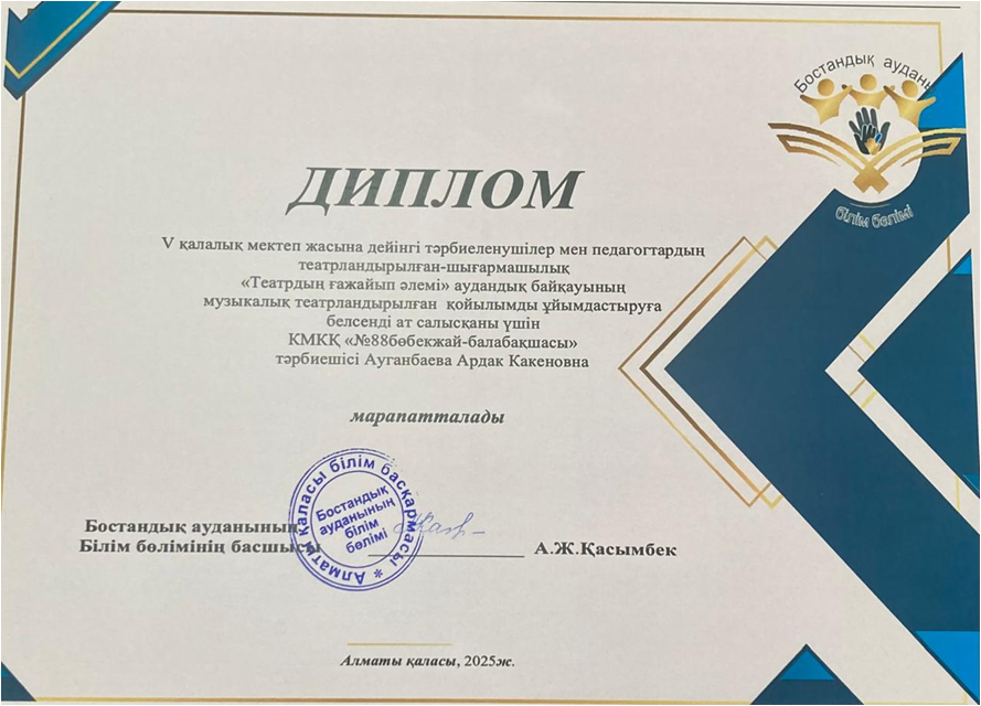 V қалалық мектеп жасына дейінгі тәрбиеленушілер мен педагогтардың театрландырылған-шығармашылық "Театрдың ғажайып әлемі"аудандық байқауының музыкалық театрландырылған қойылымда КМҚК "№88 бөбекжай-балабақшасы" ұжымы І орынға ие болды.